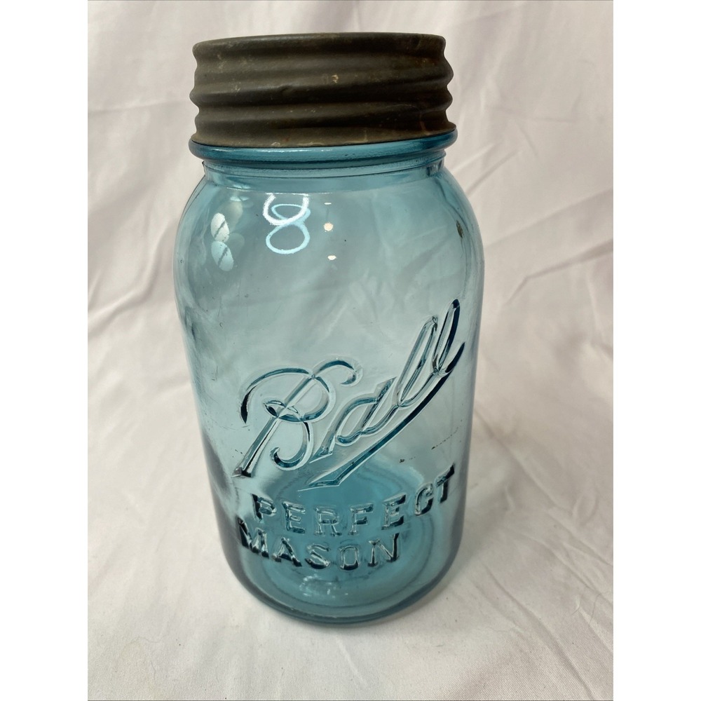 1910-1920s Ball Perfect Mason Blue Quart Jar With Zinc Lid